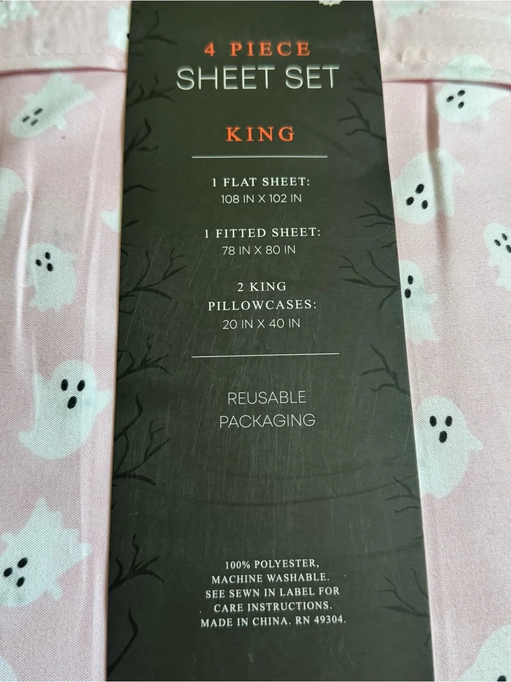 Spooky Story King 4-Piece Bed Sheet Set Pink Ghost Halloween Print New Bedding